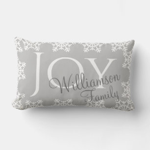 JOY Christmas Family Silver Grey White Snowflake Lumbar Cushion