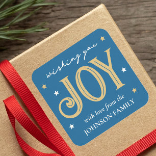 Joy Christmas Festive Typography Custom Name Blue Square Sticker