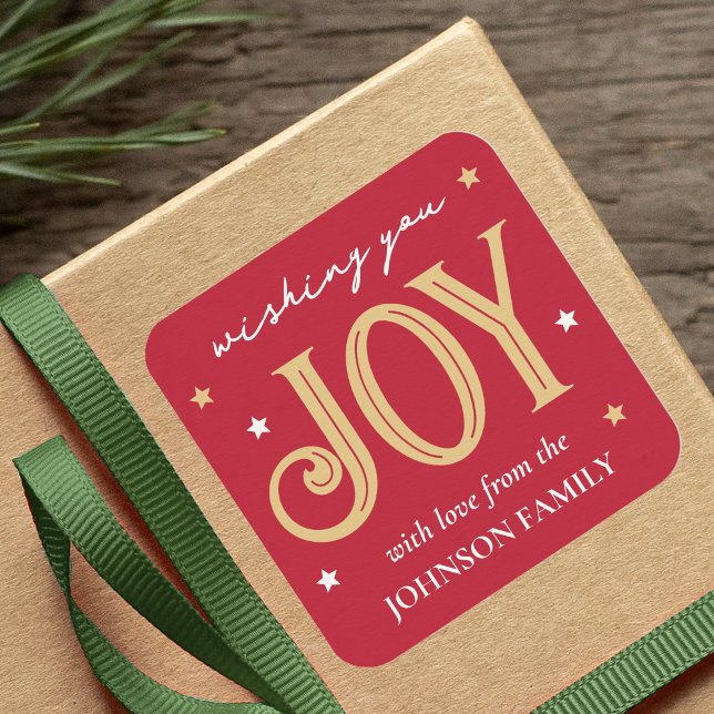 Joy Christmas Festive Typography Custom Name Red Square Sticker (Creator Uploaded)