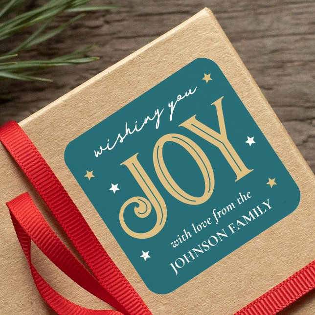 Joy Christmas Festive Typography Custom Name Teal Square Sticker (Creator Uploaded)
