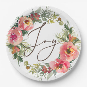 Joy. Christmas floral pine branch Winter Holiday Paper Plate