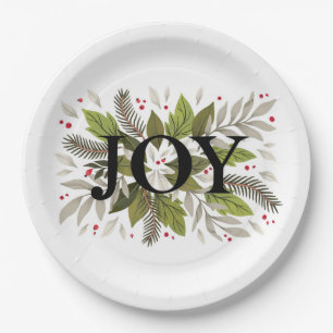 JOY, Christmas Greenery Holiday  Paper Plate