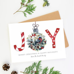 Joy Christmas Greeting Card, Red Robin Bauble Holiday Card