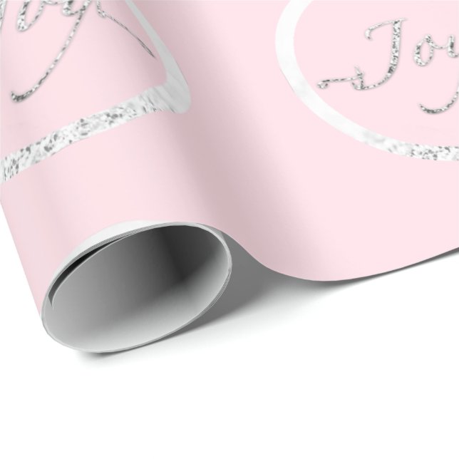 Joy Christmas Grey Silver Grey Pink Rose Holidays Wrapping Paper (Roll Corner)
