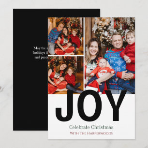Joy Christmas holidays Modern Typography 3 Photo Holiday Card