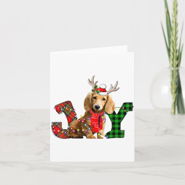 Joy Christmas Lights Long Haired Dachshund Dog San Card (Front)