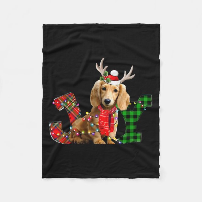 Joy Christmas Lights Long Haired Dachshund Dog San Fleece Blanket (Front)