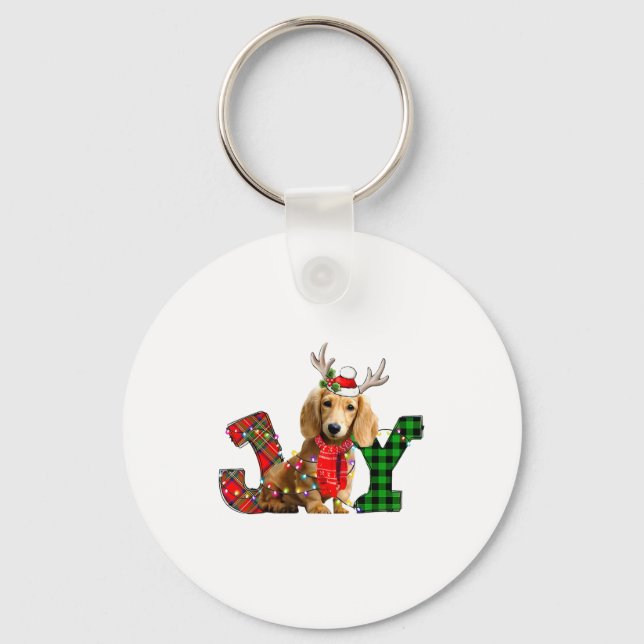 Joy Christmas Lights Long Haired Dachshund Dog San Key Ring (Front)