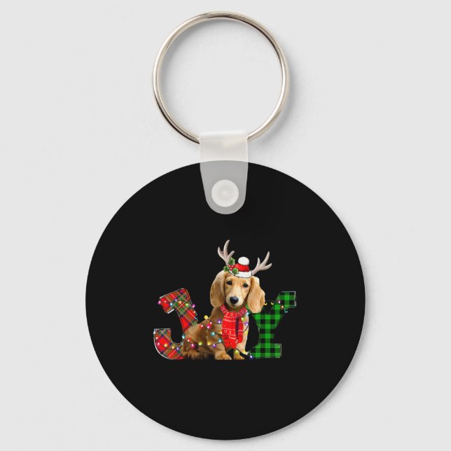Joy Christmas Lights Long Haired Dachshund Dog San Key Ring (Front)