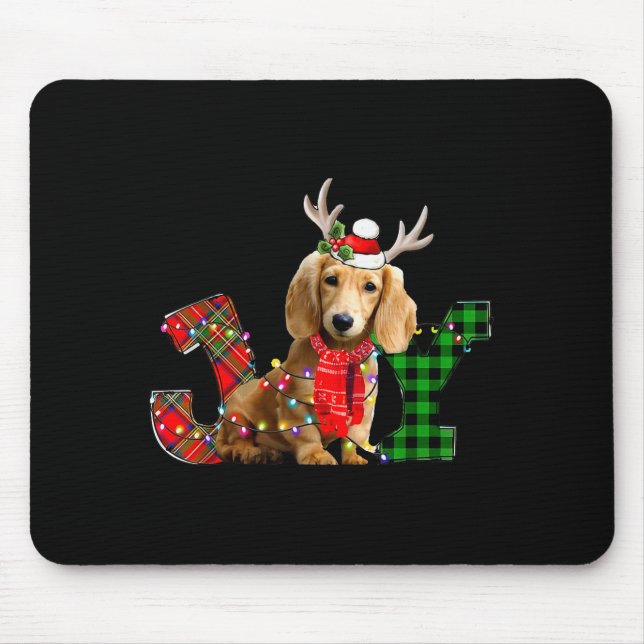 Joy Christmas Lights Long Haired Dachshund Dog San Mouse Pad (Front)