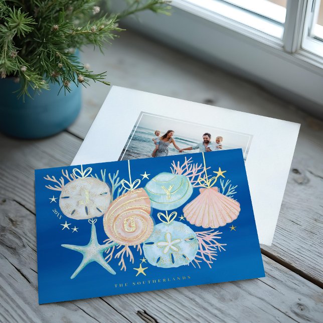 Joy Christmas Ocean Watercolor Seashell Ornaments (Joy Christmas Ocean Watercolor Seashell Ornaments Foil Holiday Card)