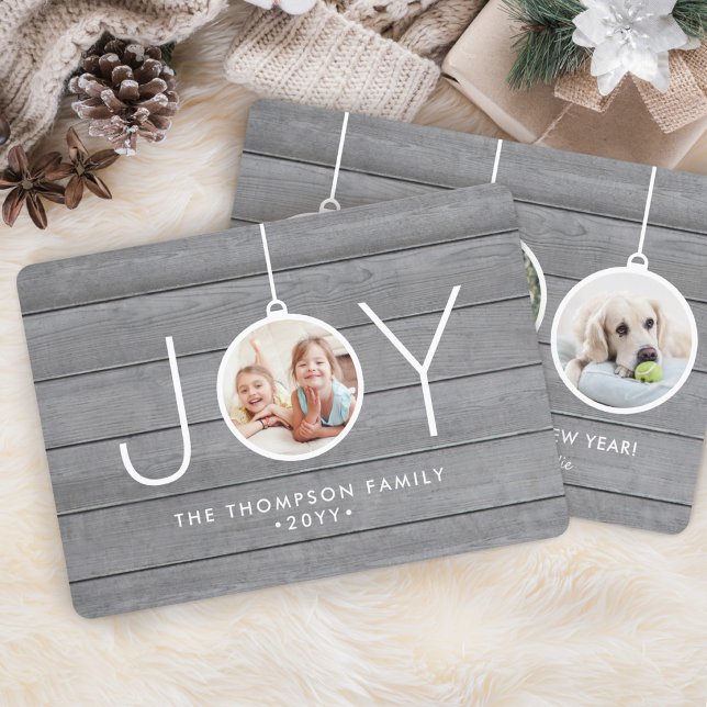 Joy Christmas Ornaments Simple Grey Wood 4 Photo Holiday Card (Creator Uploaded)