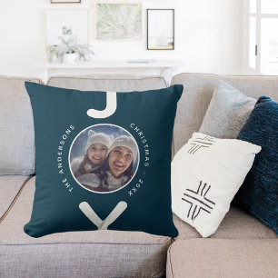 Joy Christmas photo blue white simple minimalist Cushion