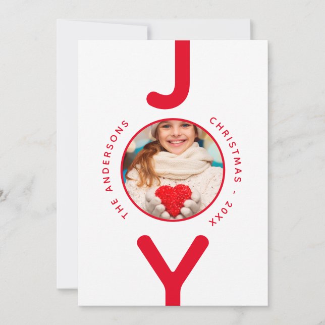 Joy Christmas photo white red simple card (Front)