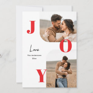 JOY Christmas Red Clean Modern 2 Photo Family Holiday Card