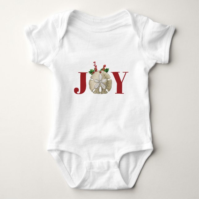 Joy Christmas Sand Dollar Holly Berries Coastal  Baby Bodysuit (Front)