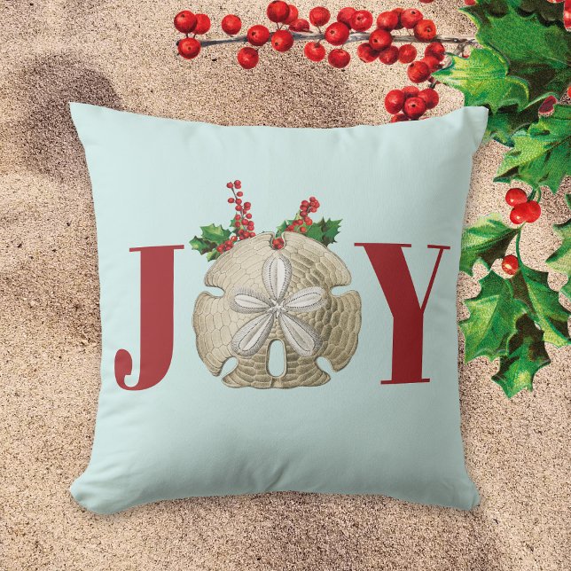 Joy Christmas Sand Dollar Holly Berries Coastal Cushion (Creator Uploaded)