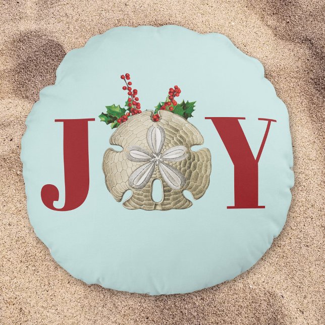 Joy Christmas Sand Dollar Holly Berries Coastal Round Cushion (Creator Uploaded)