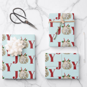 Joy Christmas Sand Dollar Holly Berries Coastal  Wrapping Paper Sheet