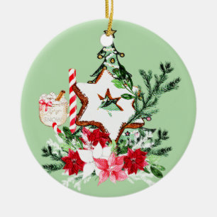 JOY Christmas Tree Flowers Candy Cane Ceramic Tree Decoration