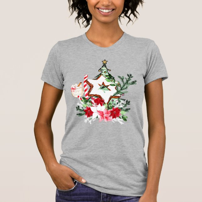 JOY Christmas Tree Flowers Candy Cane T-Shirt (Front)