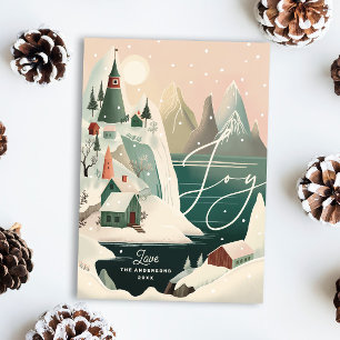 Joy. Christmas winter mountain village landscape Holiday Card