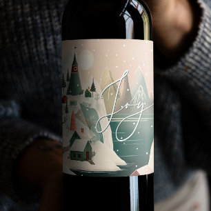 Joy. Christmas winter mountain village landscape Wine Label