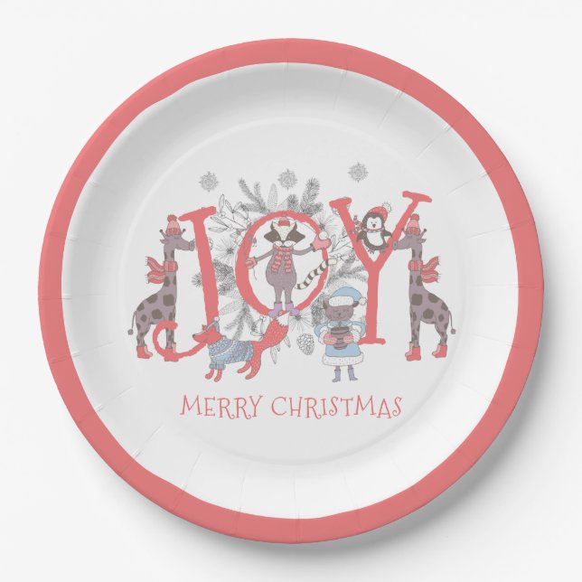 Joy Christmas Winter Party Animals Holiday  Paper Plate (Front)