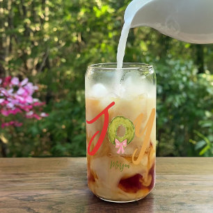 Joy Christmas Wreath Cute Fun Name Typography Can Glass