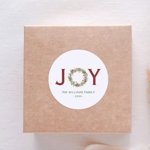 Joy Christmas Wreath Family Name Classic Round Sticker