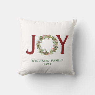 Joy Christmas Wreath Family Name  Cushion