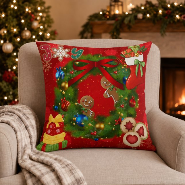 Joy Christmas Wreath Gingerbread Decorative Throw  Cushion (Creator Uploaded)