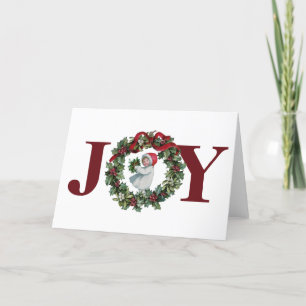 Joy Christmas Wreath Girl Vintage Red Holly Winter Holiday Card