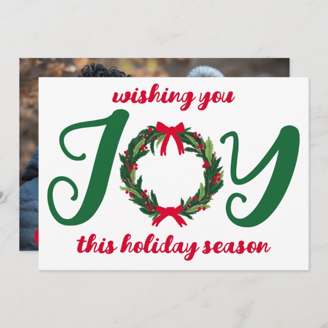 JOY Christmas Wreath Hand-Drawn CUSTOM PHOTO  Holiday Card (Front/Back)