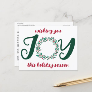 JOY Christmas Wreath Hand-Drawn Simple Holiday Postcard