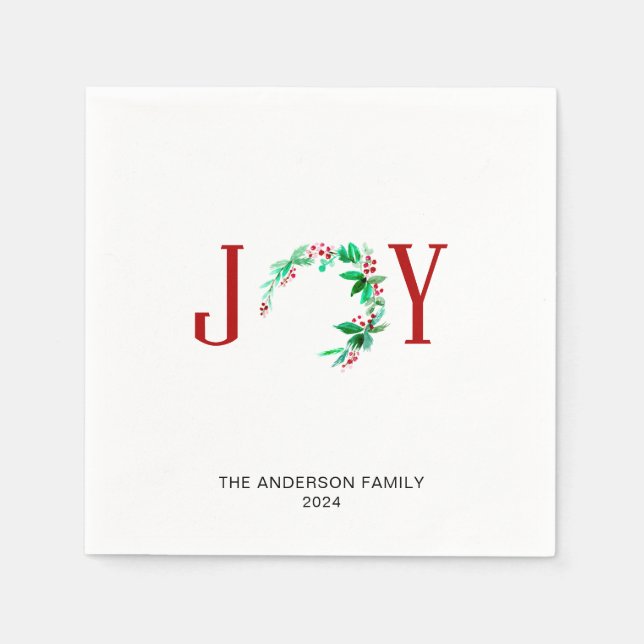 Joy Christmas Wreath Holiday Watercolor Minimalist Napkin (Front)