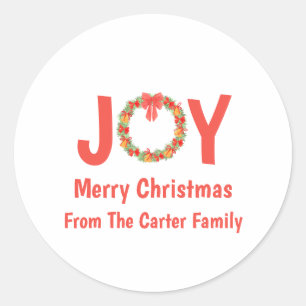 Joy Christmas Wreath Personalised Family Holiday Classic Round Sticker
