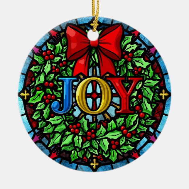 Joy Christmas Wreath Stained Glass Ceramic Tree Decoration (Front)