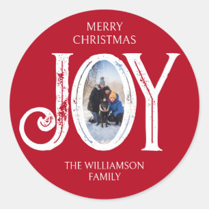 Joy Custom Family Name Photo Christmas Holiday Classic Round Sticker