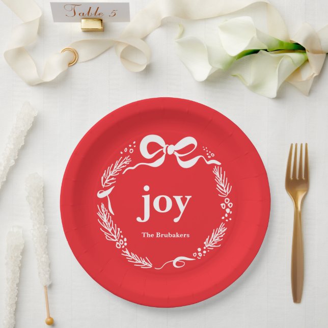 Joy Custom Red Modern Whimsical Bow Christmas Paper Plate (Wedding)