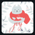 Joy. Cute Christmas cat. Winter holiday animal Square Sticker<br><div class="desc">"Joy" Christmas sticker with cute cat. Contact me,  please,  if you need additional items.</div>