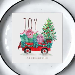 Joy. Cute Christmas tree and box winter holidays Napkin