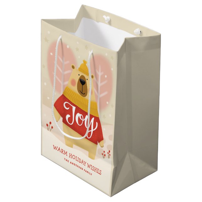 Joy | Cute Forest Bear Christmas Winter Party Medium Gift Bag (Front Angled)