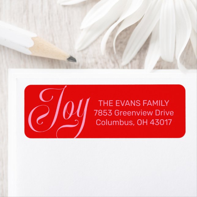 Joy cute pink red Christmas return address (Insitu)