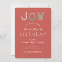 JOY Cute Reindeer Red Birthday Party Invitation