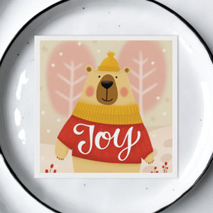 Joy   Cute Woodland Christmas Bear Winter Party Napkin