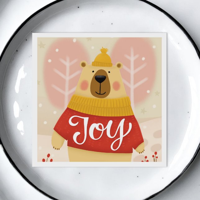Joy | Cute Woodland Christmas Bear Winter Party Napkin (Creator Uploaded)