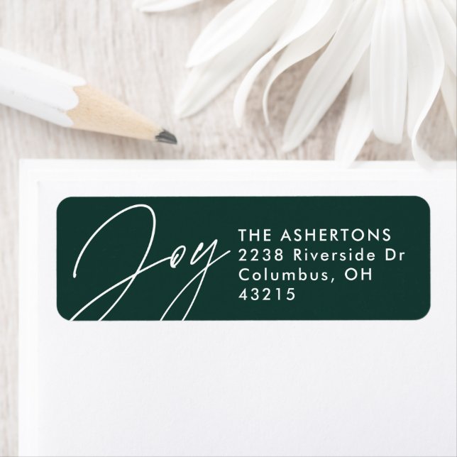 Joy dark green Christmas holiday return address (Insitu)
