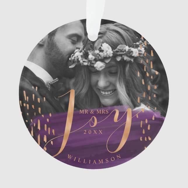 Joy | Deep Purple Watercolor Wash Newlyweds Photo Ornament (Front)