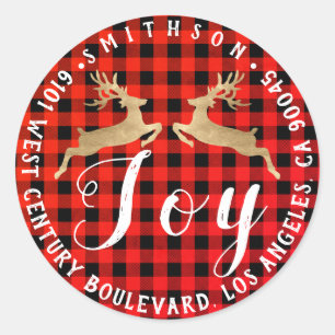 Joy Deer Christmas Return RSVP Buffalo Plaid Check Classic Round Sticker